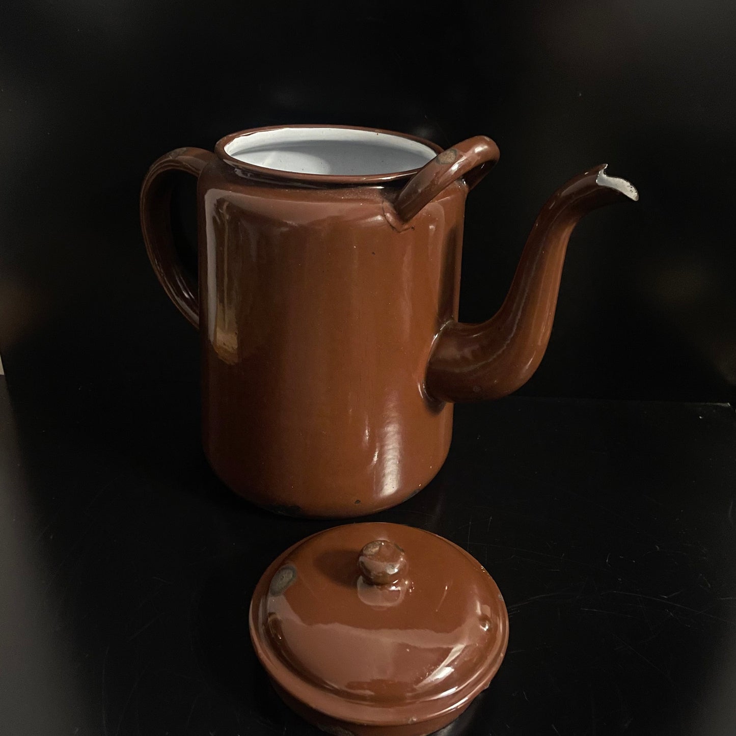 Vintage 1940s Brown Enamel Teapot