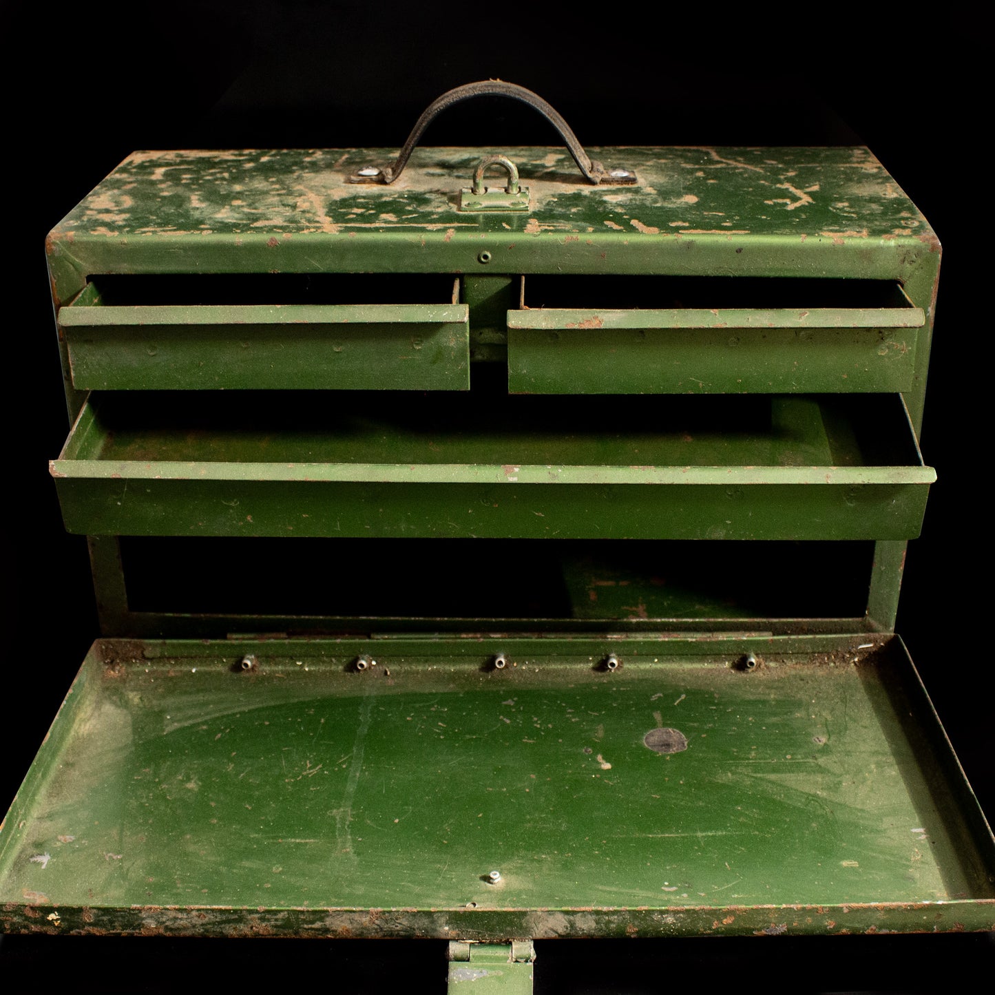 Antique Vintage Green Painted Metal Toolbox With Drawers
