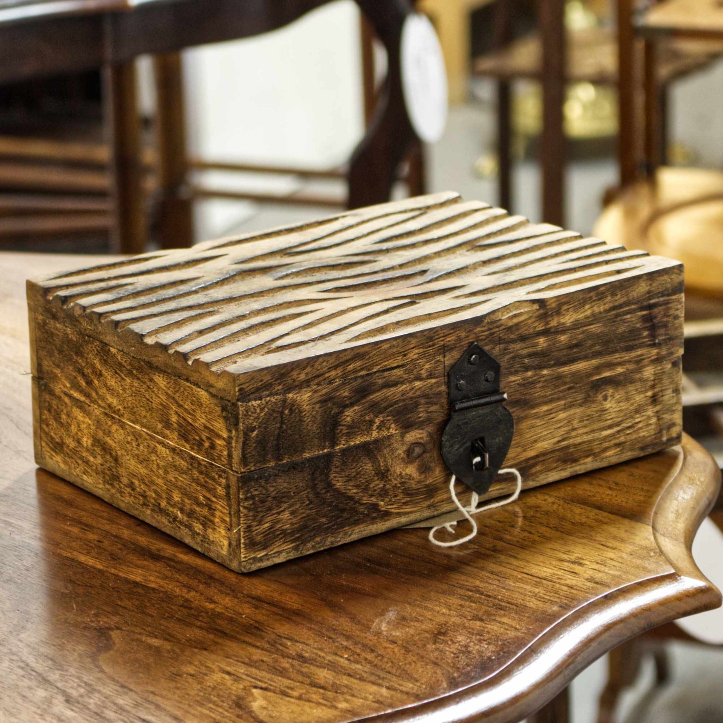 Rustic Hand Carved Stripe Design Small Wooden Trinket Box