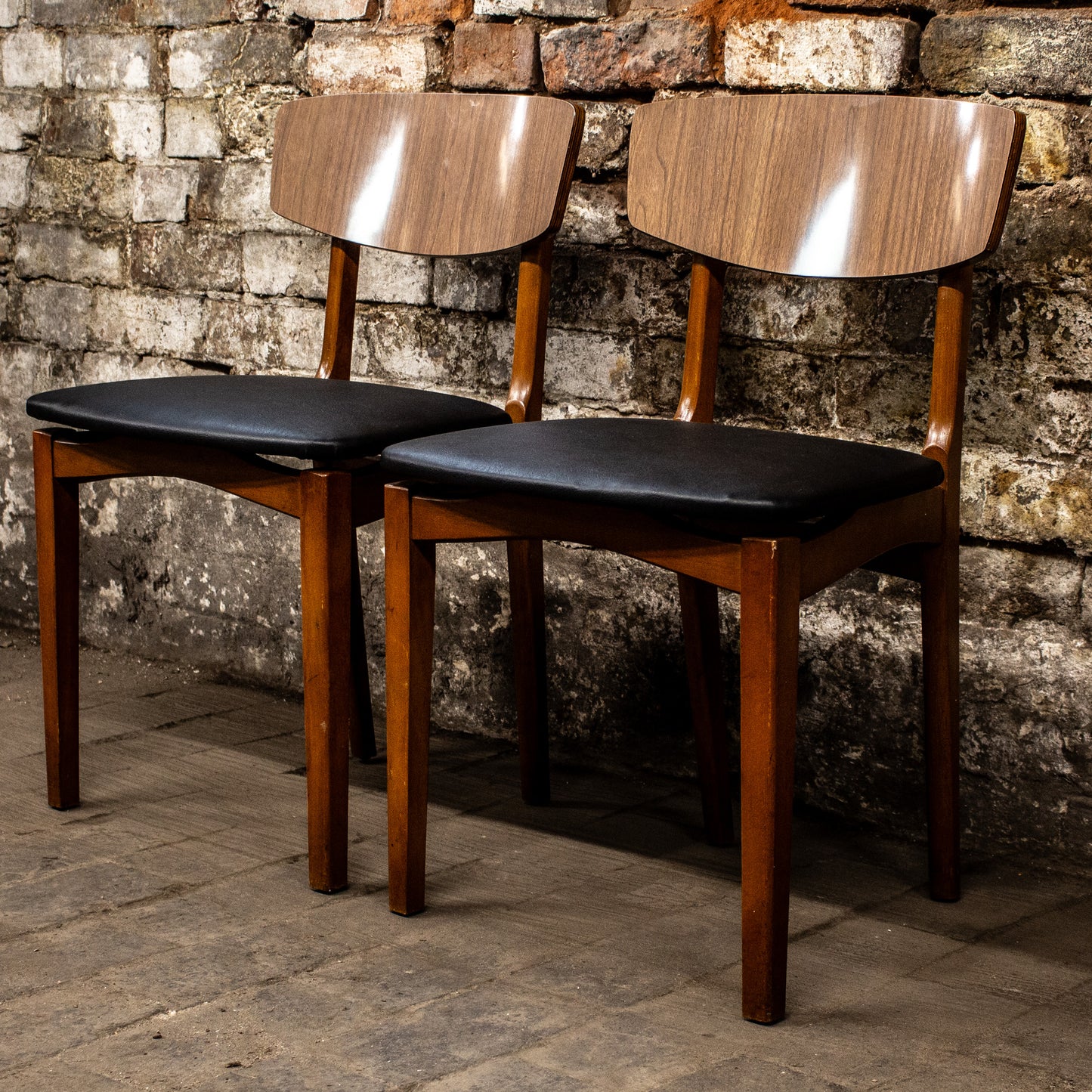 Vintage Pair Of 70s Faux Leather & Teak Wooden Chairs Dining Chairs Mid Century