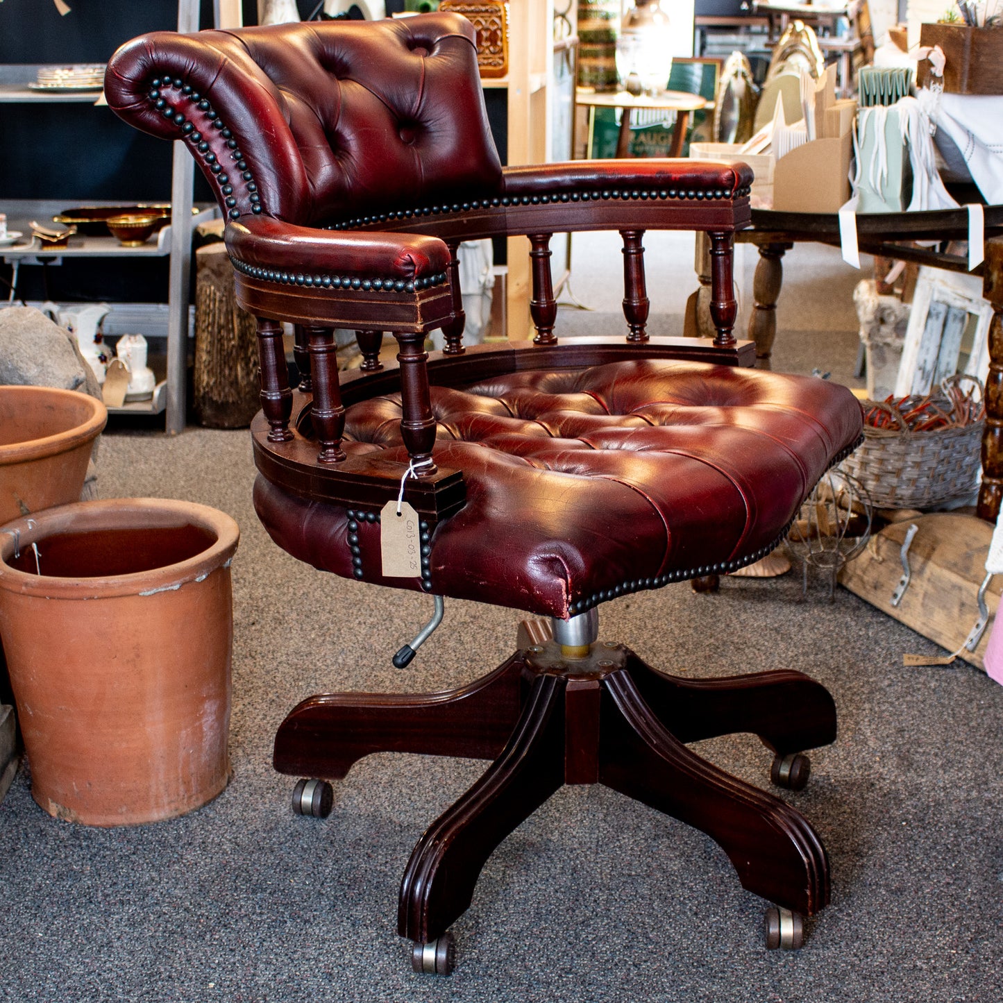 Antique Vintage Style Captains Swivel Red Leather Desk Chair