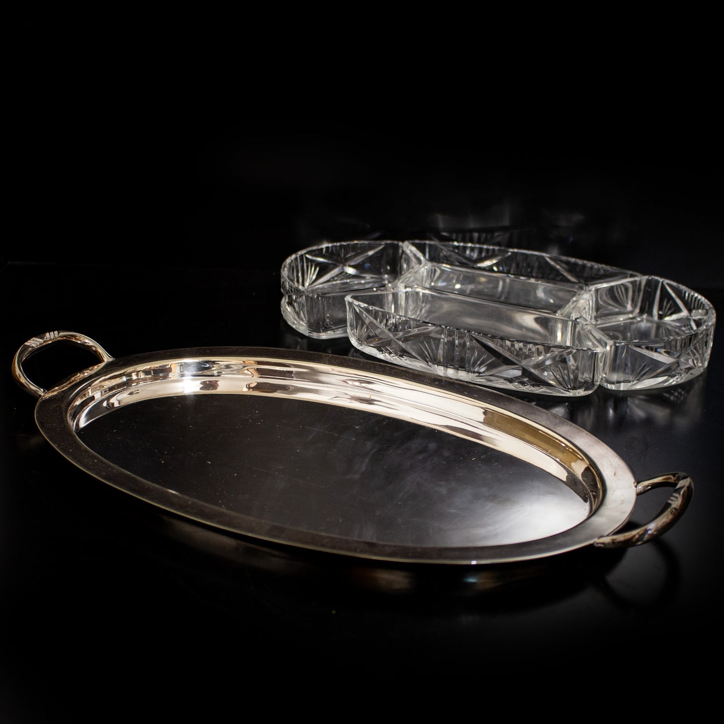 Vintage Silver Plate / Glass Nibble Dish Set & Tray