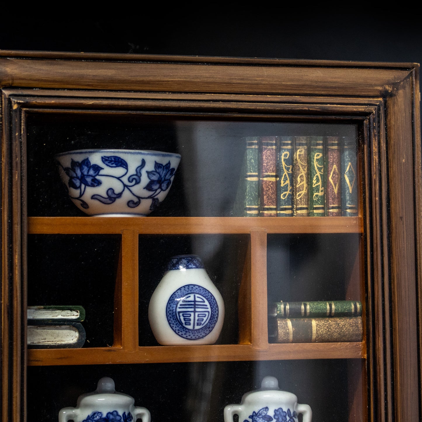Vintage Oriental Shadow Box Frame Blue White China & Books