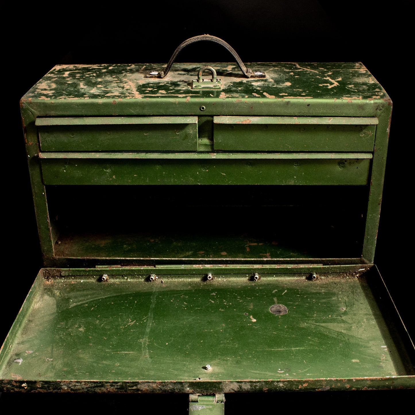 Antique Vintage Green Painted Metal Toolbox With Drawers