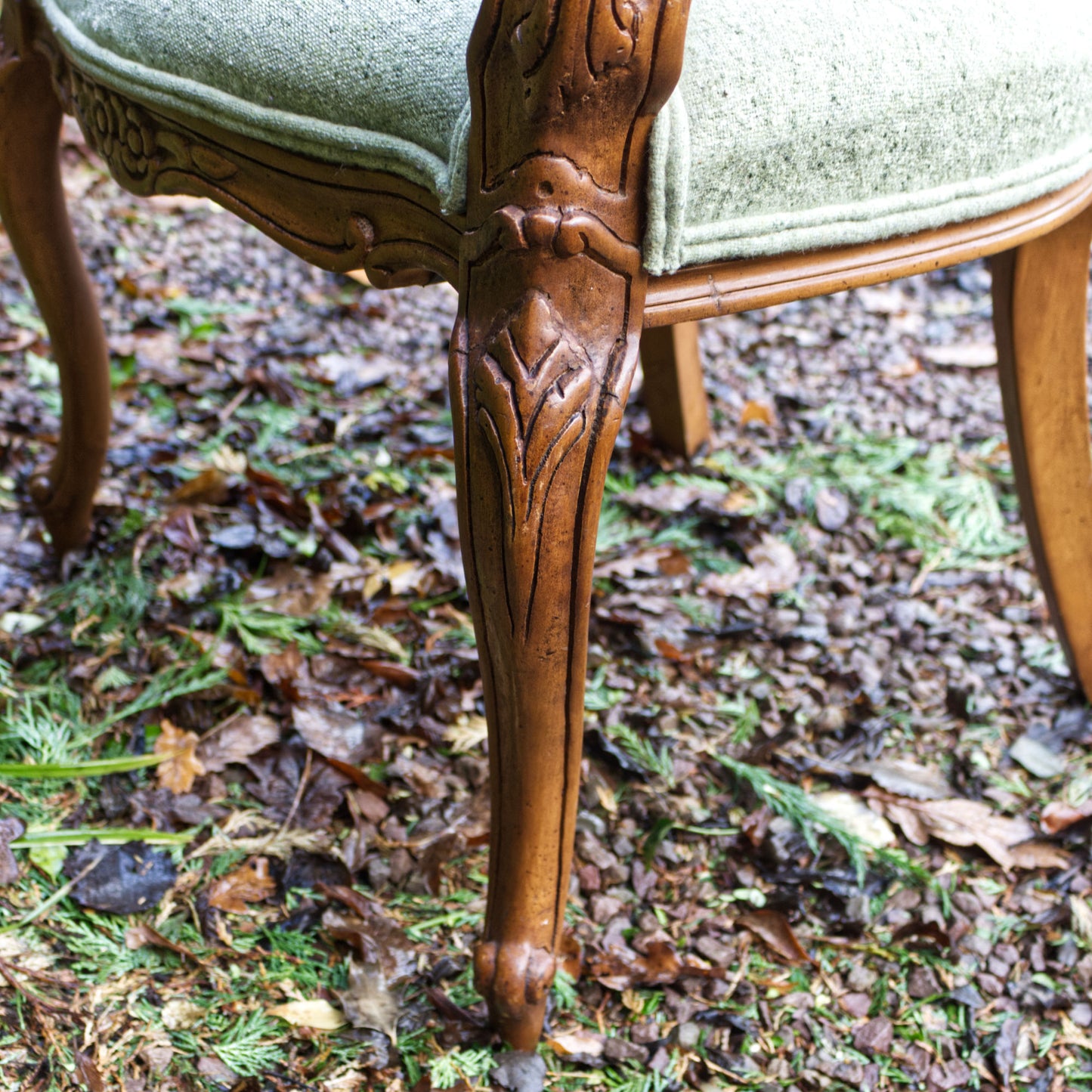 Vintage Louis XV French Style Open Armchair Carved Wood Yorkshire Tweed Fabric