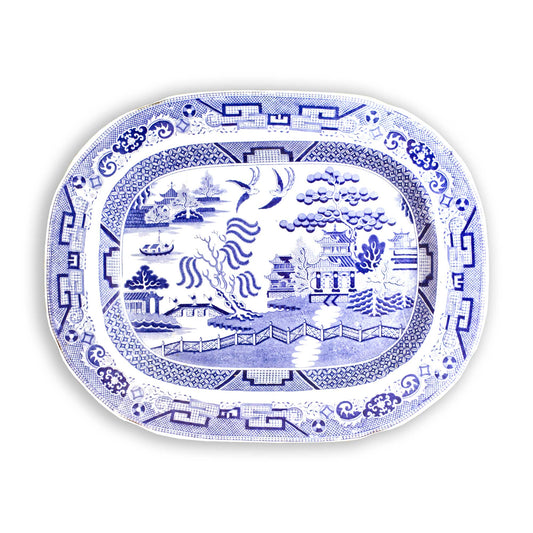 Antique Vintage English Staffordshire Large Blue White Willow
